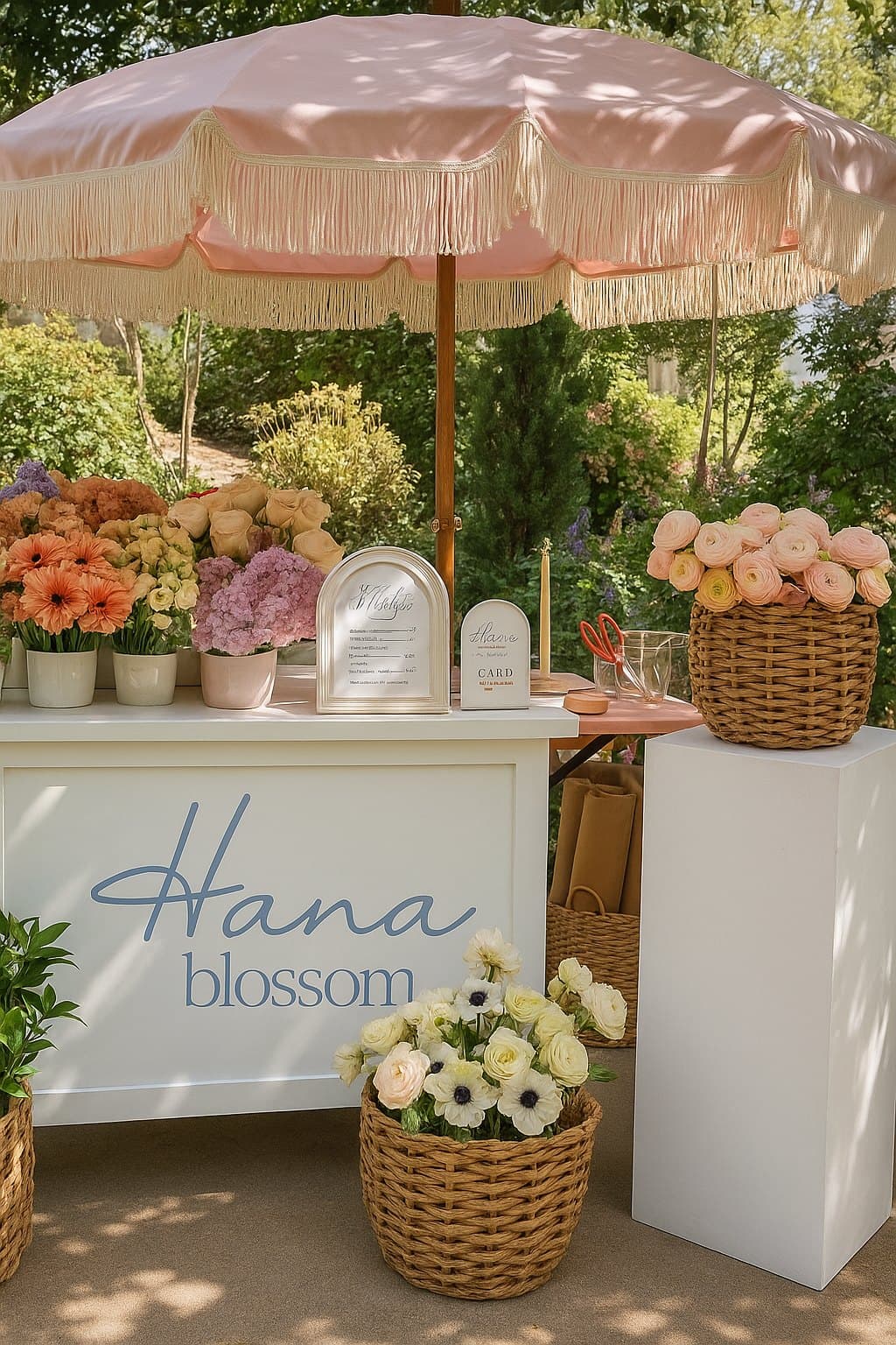 The Hana Blossom Flower Bar: a branded stall under a fringed parasol, stocked with blooms