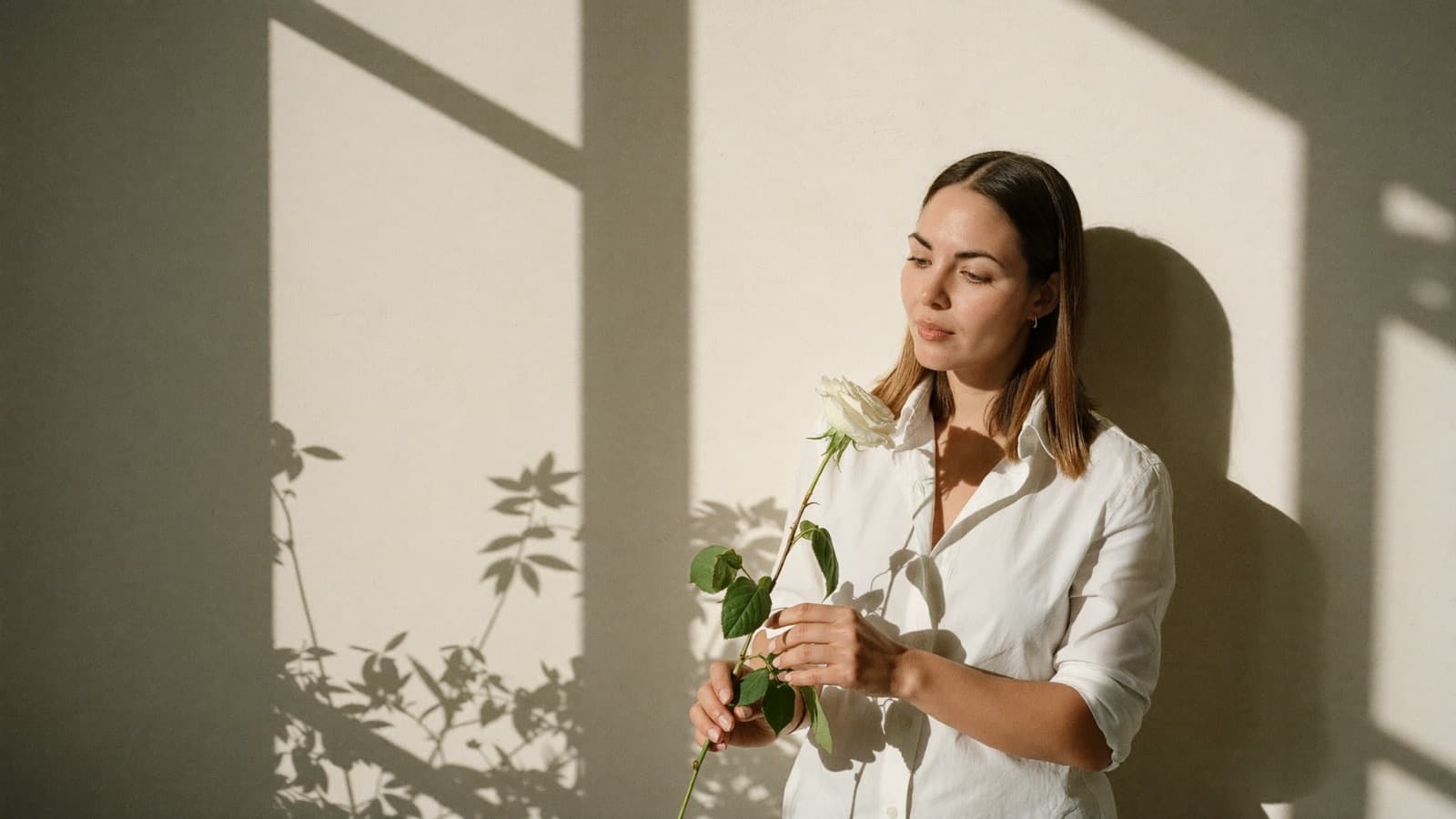 Javiera Troncoso, founder of Hana Blossom, holding a single white garden rose against a sunlit cream wall